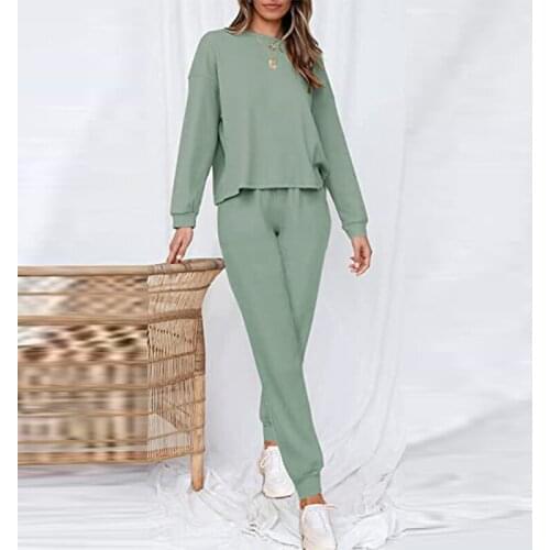 Women Solid Two Piece Set Casual Long Sleeve O Neck Pullover Tops And Drawstring Sweatpant Suit Loose Female Loungwear Tracksuit