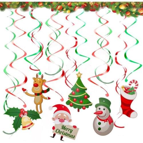 1 Set Christmas Foil Spiral Pendant Ceiling Hanging Garlands Santa Elk Bell Tree Banner for Xmas Party Home Living Room Decor