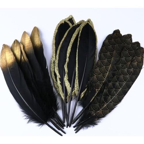 10Pcs Gold Black Printing Goose feather 10-15CM DIY handwork Jewelry Wedding Home Decorative feathers for Crafts
