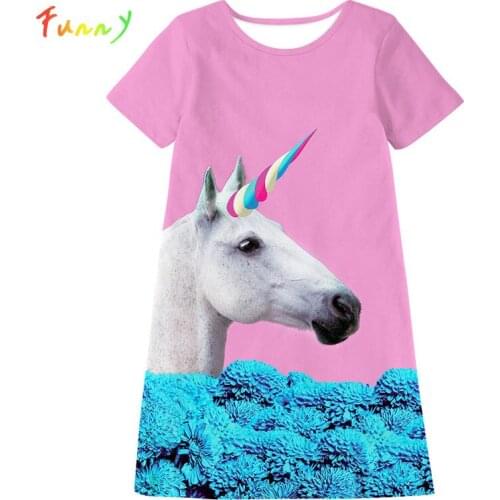 Unicorn Girl Dress Summer 2020 Cartoon Animal Print Casual Tee Dress Kids Clothes Pink Short Straight Dresses Princess Costume