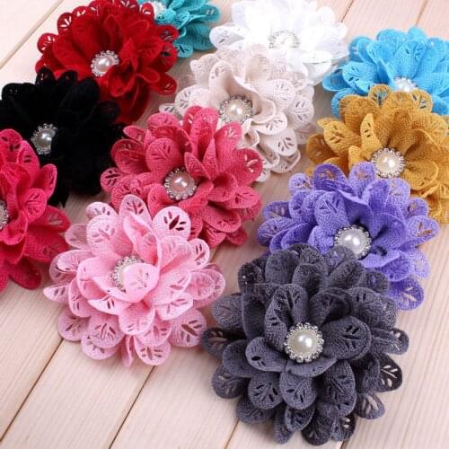 5pcs/lot)3.8" 12 Colors New Style Chic Fabric Flowers For Hair Accessories Hollow Out Leaf Pearl Flowers For Kids Headbands