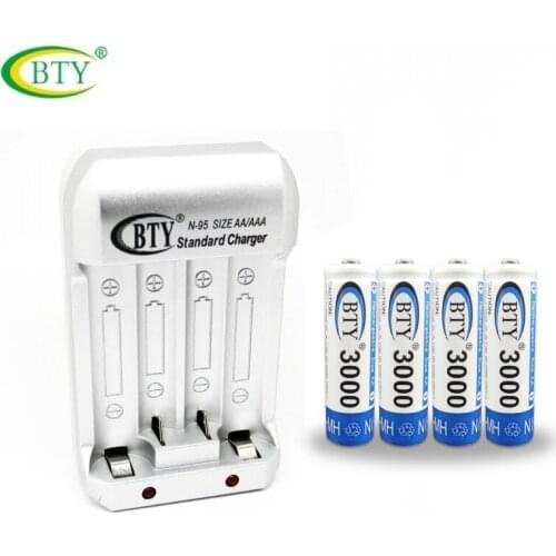 BTY N95 AA AAA Rechargeable Battery EU Charger with BTY 4x AA 3000 mAh 1.2V NI-MH Rechargeable Battery