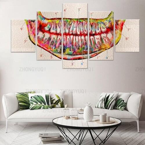 Large 5 Pieces Canvas Posters and Prints Watercolor Teeth Anatomical Art Print Home Decor Painting Dental Clinic Medical Picture