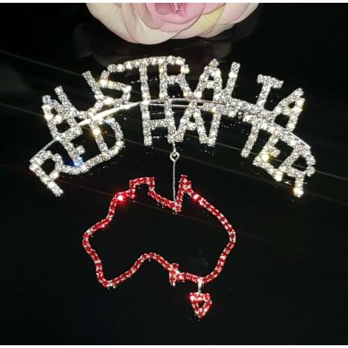 Crystal Handmade "AUSTRALIA RED HATTER" Word Brooch Pin with a Australia Map Blingbling Jewelry&Gift for Red Hat Society Members