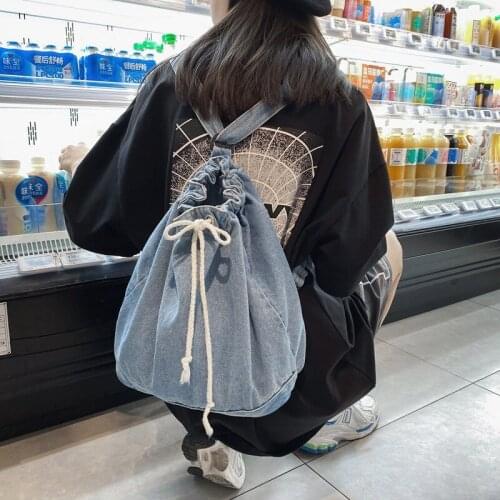 Denim Drawstring Women Backpack Simplicity Casual Cotton Women Backpacks Travel Shoulder School Bag Rucksac Bagpack Denim Blue