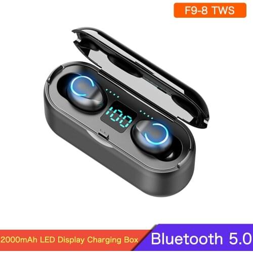 F9-8 TWS Touch Wireless Headphone 9D Hifi Stereo Sport Mini Waterproof Earbuds Bluetooth Earphone With 2000mAh Charging Box Mic
