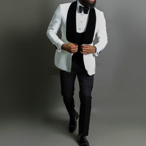JELTONEWIN Latest 2020 White Jacquard Mens Dinner Prom Suits 3 Pieces Groom Tuxedos Groomsmen Wedding Best Man Blazer Suits