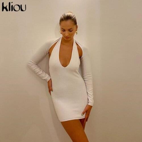 Kliou Solid Undefined Casual Two Piece Sets Women Long Sleeve Cardigan And Sexy Halter Mini Bodycon Dress Matching Set 2021