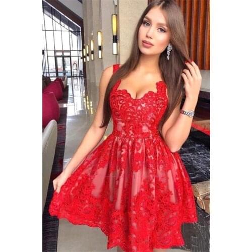 Red Lace Homecoming Dresses New Arabic A Line Spaghetti Straps Short Tulle Prom Cocktail Gowns Evening Dress vestido de noiva