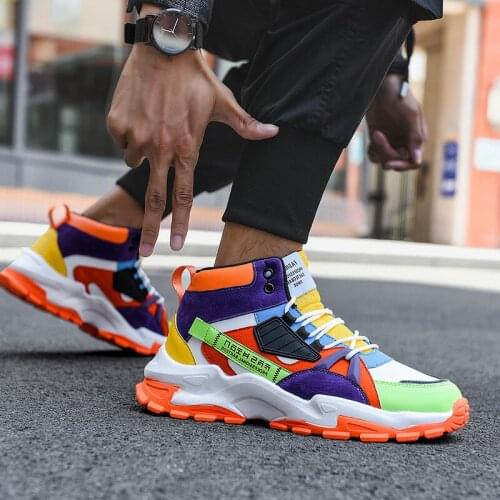 Autumn Fashion Men Sneakers High Top Yellow Bottom Men Casual Shoes Colorful Splicing Leather Mens Designer Shoes Zapatos Hombre