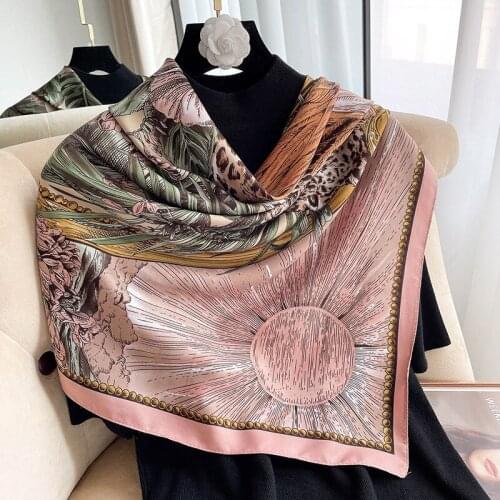 Literary Floral Print Square Scarf for Women Satin Hijab Female Bandana Office Ladies Shawl Handkerchief Sunscreen Beach Towel