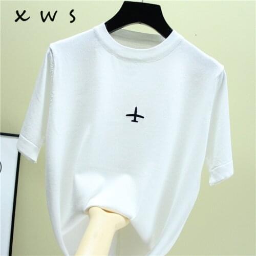 Summer sweater women 2019 short sleeve o neck embroidery knit thin sweater and pullover loose casual female sweater oversize