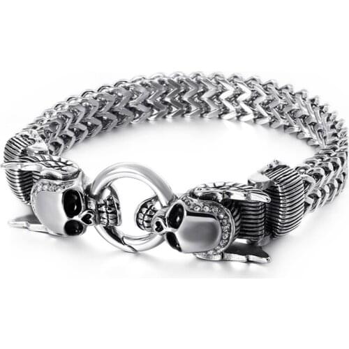 New Stainless Steel 23cm Chunky Mesh Chain Bracelet For Men Punk Skull Charm Bracelet Gothic Halloween Jewelry Accessories
