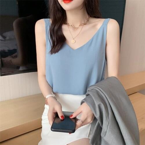 Summer Sexy Strap Basic Top Chiffon Sleeveless Camisole Silk Satin Thin Wild Solid Vest Women Tank Tops