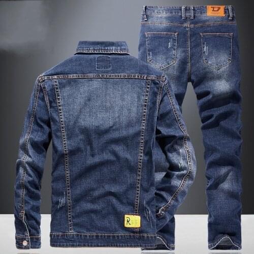 Motorcycle Bikers Denim Two Piece Set Fashion Jacket Jeans Mens Sets Streetwear Spring Long Sleeve Outerwear Pants Matching Sets
