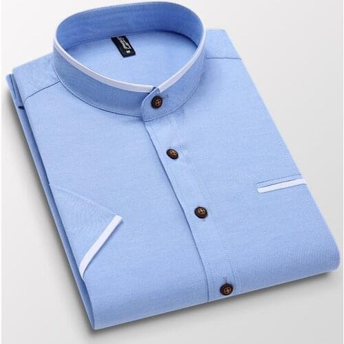 Mens clothing Short Sleeve Regular-fit Button-down Thick Shirts Casual Solid Oxford Dress White Shirt Single Patch Pocket Stand