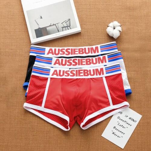 AUSSIEBUM solid-color mens flat-angle panties sexy mesh hole hip breathable ice silk fashion comfortable tide flat-angle pantsT