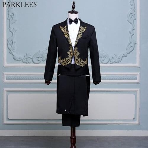 Mens Gold Embroidery Black Tuxedo Suit Brand Conductor Magician Pianist Prom 4 Pcs (Jacket+Pants+Blet+Tie) Suits Costume Homme