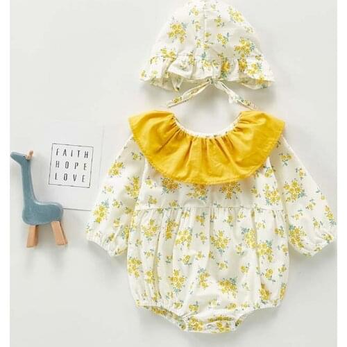 New Baby Girl Bodysuits Cotton Long Sleeve Floral Infant Jumpsuit Autumn Newborn Baby Girl Jumpsuit With Hat Outfit