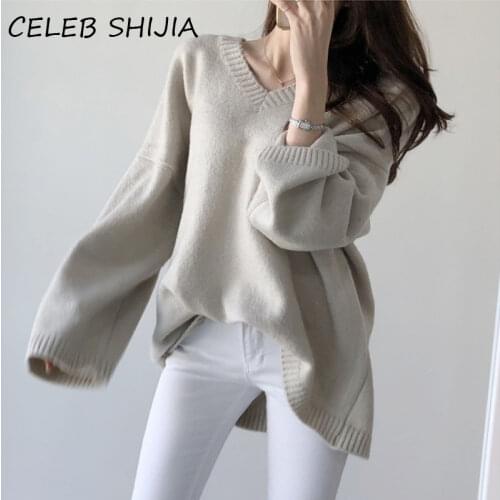 SHIJIA Autumn Women Basic Solid Knitted Pullovers O-neck Long Sleeve Loose Ladies Casual white Sweater Tops 2020 New winter