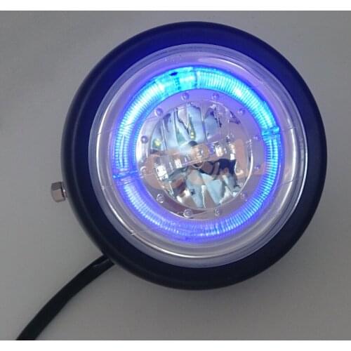 ZORBYZ Motorcycle Front Light Black Metal LED Headlight With Blue Round Angel Eye For Harley Suzuki Honda CG/GN125 CB200