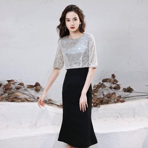 Special Occasion Dresses Vintage O-Neck Half Luxury Black Sashes Sequined Knee-Length A-Line Satin Elegant Women Prom Gown E1008