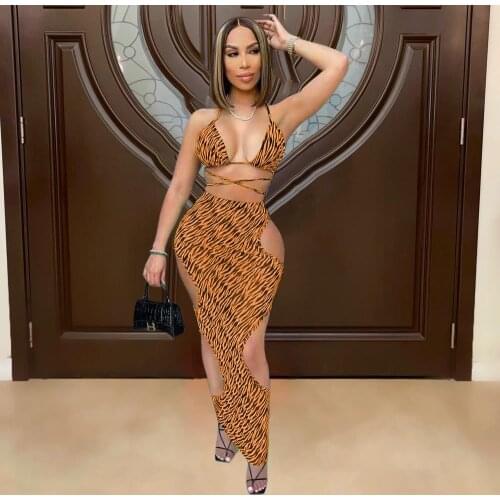 Sexy Swimwear Printed 3PCS Bikini Suits Triangle Lace Up Bra+Thong+Hollow Out Maxi Skirts Bathing Suit Cover Up Skirts Outfits