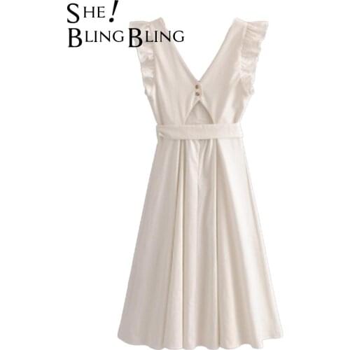 SheBlingBling 2021 Za Women Dress Elegant Ruffle White Sleeveless Backless Beach Dresses Summer V Neck Sexy Dress Female Vestido