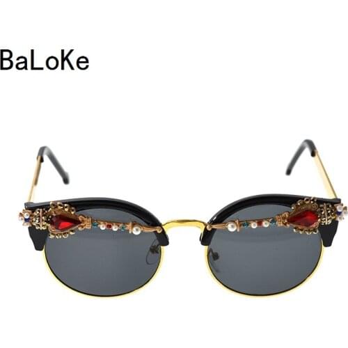 Baroque Retro Women Personality Sunglasses Brand Designer Half Frame Glasses Round Summer Driving Cat Eye Oculos De Sol Feminino