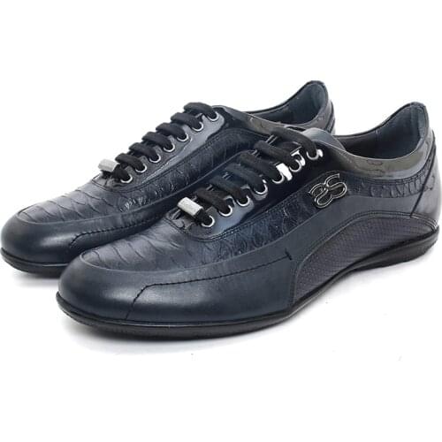 SHENBINs Handmade Snake Skin Patterned Athletic Sport Trainers, Dark Blue, Real Leather