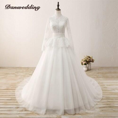 Vintage Tulle Ball Gown Wedding Dress High Collar Long Sleeve Lace Applique Bridal Dress Plus Size Real Photo Wedding Gowns