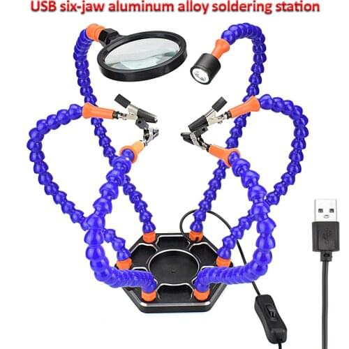 Multi Soldering Helping Hand Third Hand Tool 5X Magnifying USB DC Fan Flashlight Magnifier PCB Welding Repair Station With 6 Arm