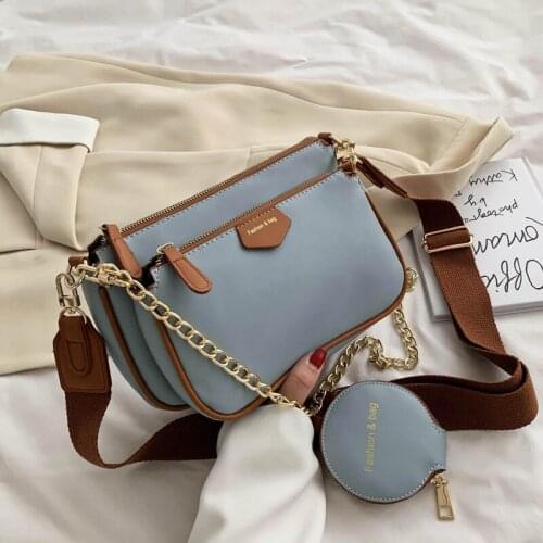Women messenger bags brand design wide strap shoulder Crossbody bag chain Sling bag pu leather ladies purse and handbag 3 set