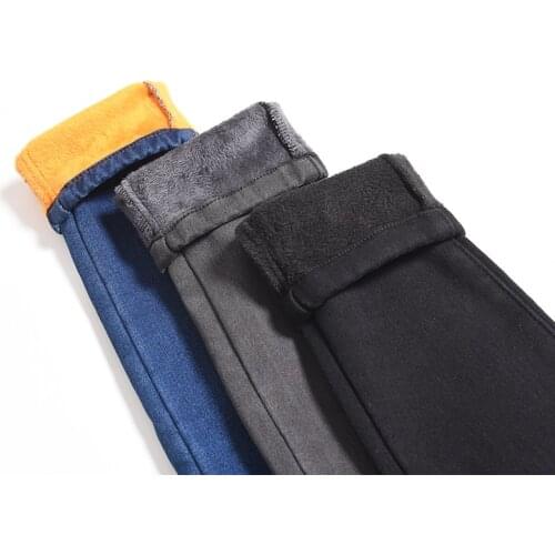Warm Winter Plus Size Slim Jeans Women Advanced Stretch Cotton Denim Pants Thick Fleece Student Trousers Blue Black Gray