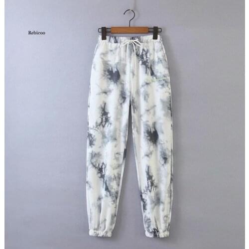 Women Tie Dye Printing Knitting Sports Pants New Female Letter Embroidery Loose Trousers