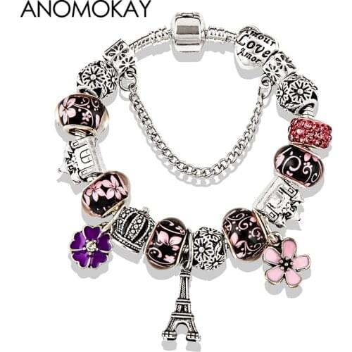 2020 Antique Silver Color Eiffel Tower Charm Bracelet Pink Red Crystal Flower Bead Bracelets & Bangles for Women Jewelry Gift