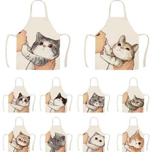 Funny Love Kiss Cute Cat Kitchen Apron For Woman Sleeveless Cotton Linen Aprons Cooking Home Cleaning ToolsJ934