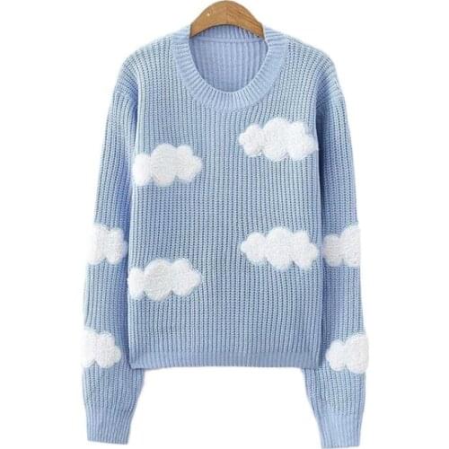 New Fall Winter Women Cartoon Embroidery Harajuku Knitted Hooded Loose Sweater Cute Clouds Long Sleeve Pullover Tops 208182