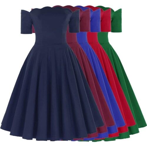 Belle Poque Women Dresses Summer Retro Vintage Solid Color Short Sleeve Off Shoulder Flared A-Line Dress New Clothes Party Lady