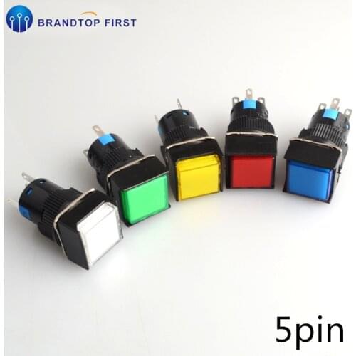 1pcs 16mm Push Button Self-Reset Square LED Light Momentary Switch Best Self-locking 5pin