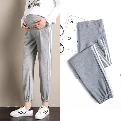 171# Maternity Pants Spring Autumn Casual Pants Side Strip Comfy Belly Support Pants Elastic Waist Maternity Trousers