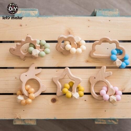 Lets Make 6pc/set Silicone Baby Teether Toys Hanging Crib Mobile Wooden Teething Animal Tiny Rodent Baby Toy Rattles