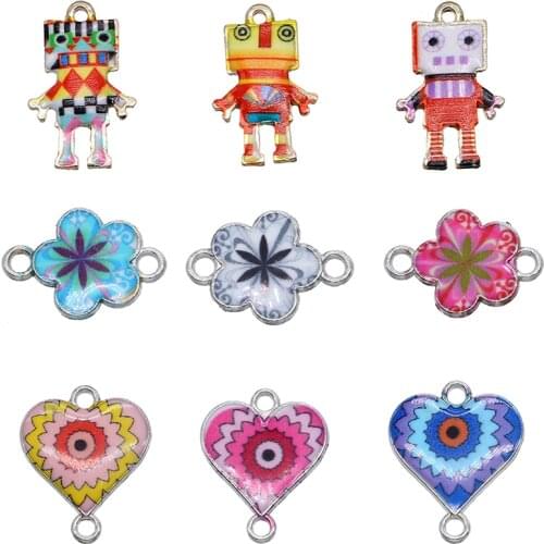 5pcs Fashion Cute Cartoon Robot Heart Flower Enamel Charm Connector Suitable for Women Bracelet DIY Jewelry Making Accessories C
