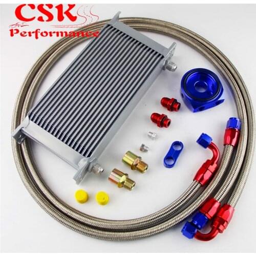 AN8 19 Row 248mm Universal Engine Transmission Oil Cooler British Type + Aluminum Filter Hose End Kit Black/Blue