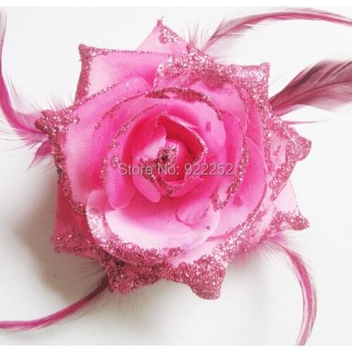 Glitter silk roses heads feather with clip,Elastic cord,floral head wreath,headband,wrist corsages,DIY decoration accessories