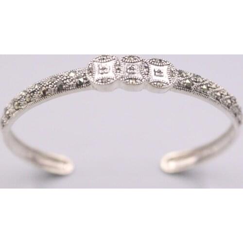 New Pure Solid 925 Sterling Silver Bracelet 8mm Zirco Lace And Coin Cuff Bangle