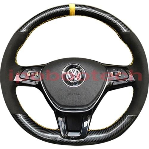 5D Carbon Fiber & Suede Leather Yellow Thread Steering Wheel Hand Sewing Wrap Cover Fit For Volkswagen Golf 7 Mk7 Passat B8