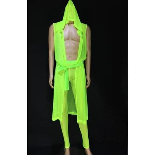 Fluorescent Green Pink Cloak Leotard Pants dancer costume Nightclub bar stage show Sexy See-through Men Suits