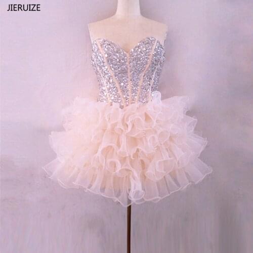 JIERUIZE Champagne Organza Short Prom Dresses Beaded Tiered Ball Gown Short Cocktail Party Dresses