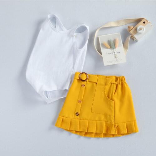 2PCS Toddler Kids Baby Girl Clothes Sets Sleeveless Solid Vest Romper Yellow Pleated Skirt Summer Outfit Set